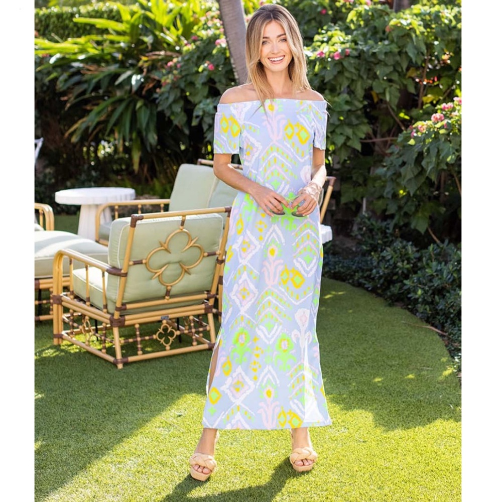 Dudley Stephens Off-the-Shoulder Maxi Dress in Light Blue, Lime & White